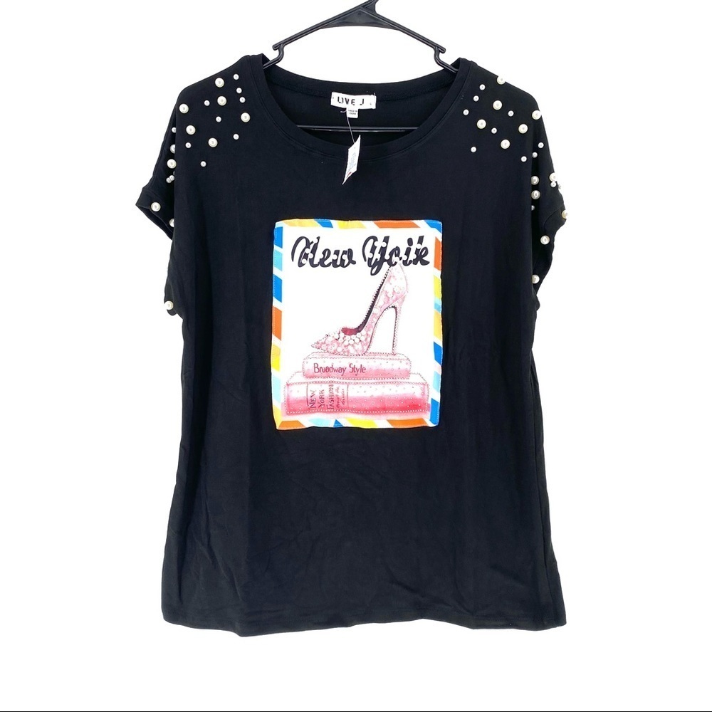 Love J Women's Faux Pearl Sleeve Top BLACK - L